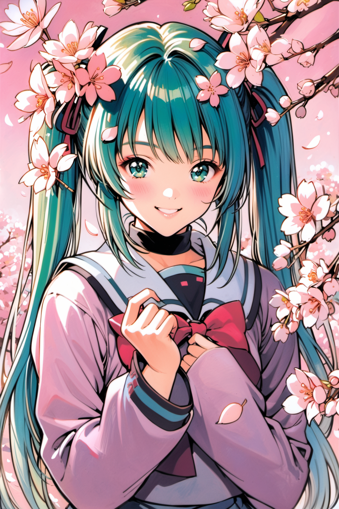 24203-3949974085-1girl,solo,hatsune miku,school uniform,green hair,cherry blossoms,cherry hair ornament,hanami,sakura,smile,looking at viewer,tra.png